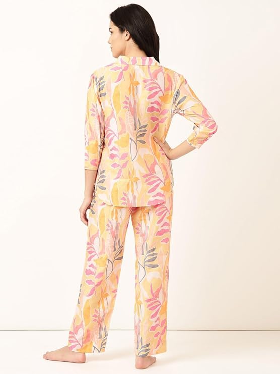 Image of STORIES OF BANNO'S SWAGGER Premium Poly Muslin Floral Co-Ord Set for Women | Soft Pajama Set | Elegant Printed Nightwear Lounge Outfit | Trendy Casual Wear Co-Ord Set