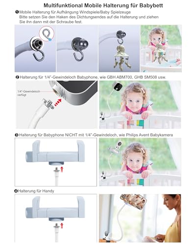 Mobile Halterung für Babybett, Multifuntional 68cm Mobile Halter Wickeltisch, Flexibel Klammernhalter für Aufhängung Windspiele/Spielzeuge, Universal Babyphone Halter, Handy Halter Babybett Zubehör