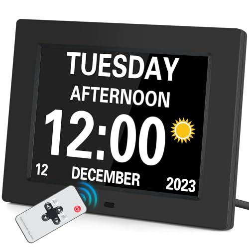 Adiwo Reloj de Demencia, 8' LCD Reloj Digital Calendario,Atenuación Automática Hora Electrónico Alarma, Reloj Alzheimer con Mando a Distancia para Personas Mayores para el Hogar para el Hospital