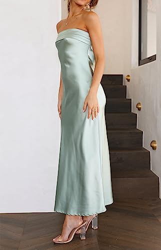 Image of MEROKEETY Women's Summer Satin Strapless Bodycon Dress 2026 Backless Tube Wedding Guest Cocktail Formal Party Maxi Dresses