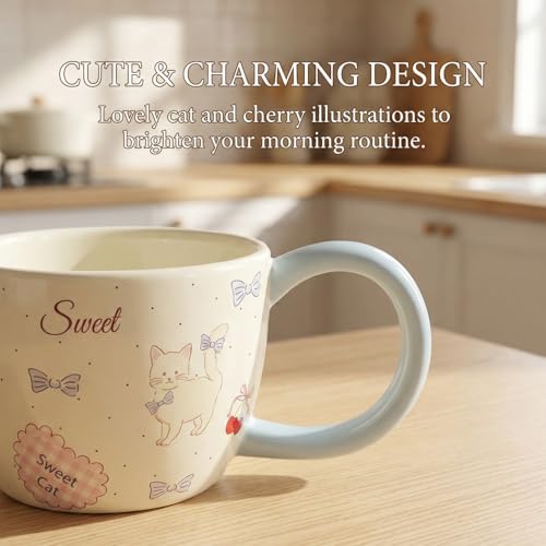 Taza de cerámica 13oz con patrón de gato y cerezas miniatura 3