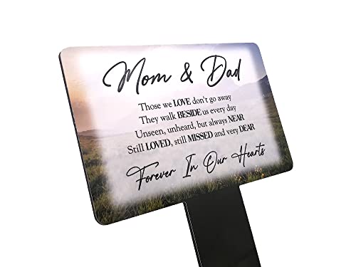 Mom & Dad Memorial Plaque Stake. Beautiful, eye-catching, waterproof grave marker printed with a landscape image and a remembrance poem. (Landscape)