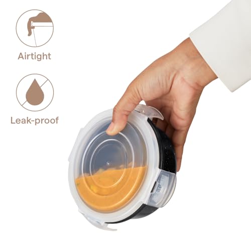 Image of Borosil 400 ml Pebble Black Food Storage Container with Air Tight Lid | Round Shape Borosilicate Glass Organiser | Microwave & Dishwasher Safe | For Fridge, Kitchen Storage