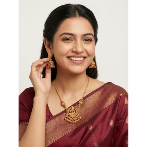 Image of Traditional Gold-Plated Lakshmi Temple Pendant Necklace Set for Women | Antique South Indian Jewelry with Jhumka Earrings | Ethnic Bridal, Wedding & Festive Jewelry Set