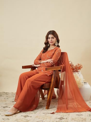 Image of MOKOSH Women's Georgette Short Kurti Palazzo with Dupatta | Short Kurti Set |Ethnic Kurta Set for Women | Sweetheart Neck Full Sleeve | Indian Kurta Outfit With Palazzo Pants