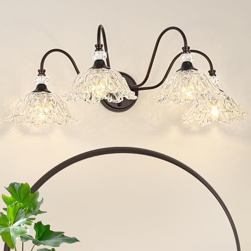 Image of Oil Rubbed Bronze Finish Bathroom Vanity Light, 4-Light Vintage Vanity Light with Floral Clear Glass Shades, Retro Wall Mount Lighting for Bathroom, Dressing Table