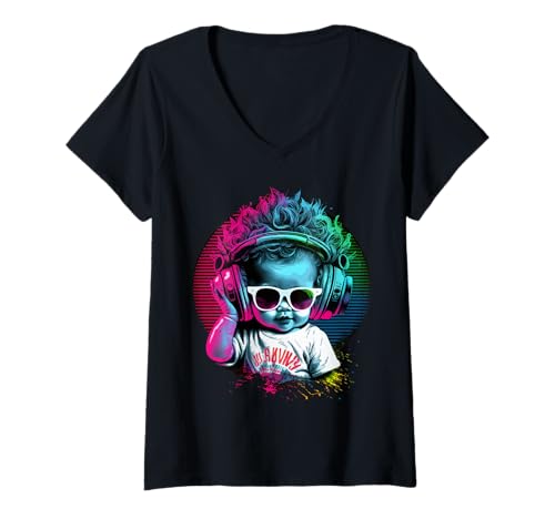 Femme Baby DJ, design, music fun, mixe and radio, festival rock T-Shirt avec Col en V