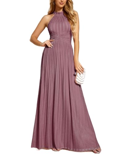 Image of Ever-Pretty Women's Glitter Halter Sleeveless Formal Dresses Evening Gowns Pleated A-line Wedding Guest Dress 41961
