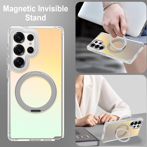 Image of Magnetic for Samsung Galaxy S25 Ultra Case with 360 Stand [Compatible with Magsafe] [Fluorescent Design] [1 Screen Protector] Slim Translucent Matte Case for Galaxy S25 Ultra 6.9 inch, White