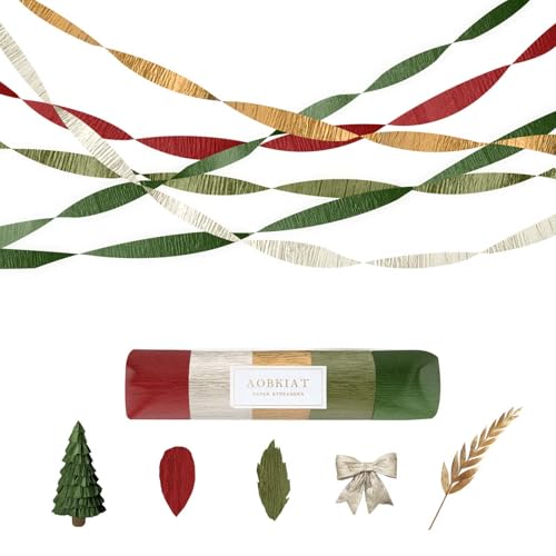AOBKIAT Christmas Crepe Paper Streamer,5 Rolls Olive Green Red Champagne Silver Gold Party Streamers for Xmas Tree,Winter Wedding,Birthday,Bridal/Baby Shower,New Year