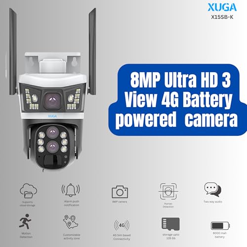 Image of XUGA - Cybernautt X15SB-K 8MP Dual Lens PTZ 4G Sim Wireless Outdoor CCTV Camera with Dual View | 360 | Night Vision | Motion Detection| Push Alarm | Farm | Home | 10X Zoom | Use Air-tel 4G Sim