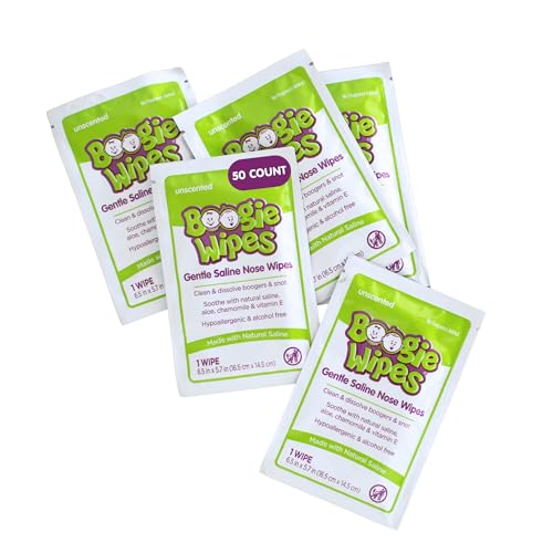 Boogie Wipes Single Packs, Unscented, Wipes Away Dirt and Germs, Natural Saline Tissue with Aloe, Chamomile and Vitamin E, 1 Count, Pack of 50