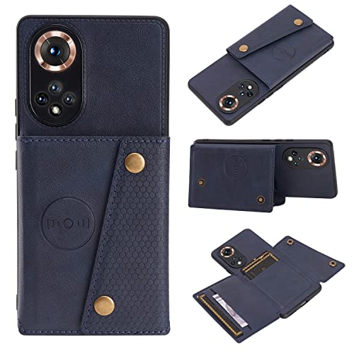 Étui Honor 50 en cuir bleu avec porte-carte et clapet antichoc