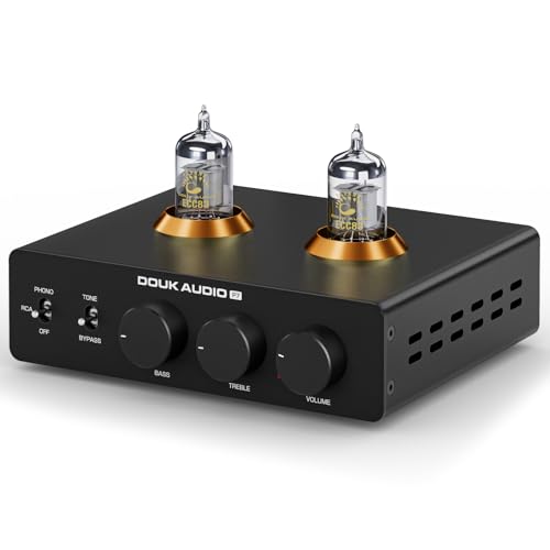 Douk Audio P7 Phono Vorverstärker: ECC83 Röhren Plattenspieler Vorverstärker mit Symmetrischem XLR Ausgang, Hochpassfilter, Bass- und Höhenregelung, Bypass für MM Plattenspieler, Verstärker