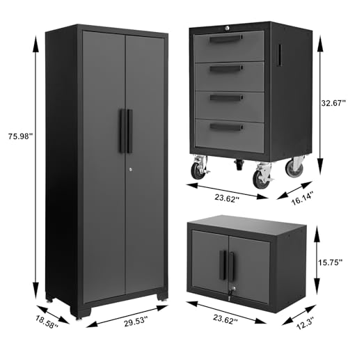 Image of Torin Garage Cabinets Storage System: 6 Piece Set with Lockers and Workbench for Home, Office, Gym, School, Black /Grey,AGPZ112B