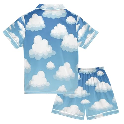 Satin Pajama Sets Short Sleeve White Clouds Button Down Silky Nightwear 2 Piece PJS 5-14Y2