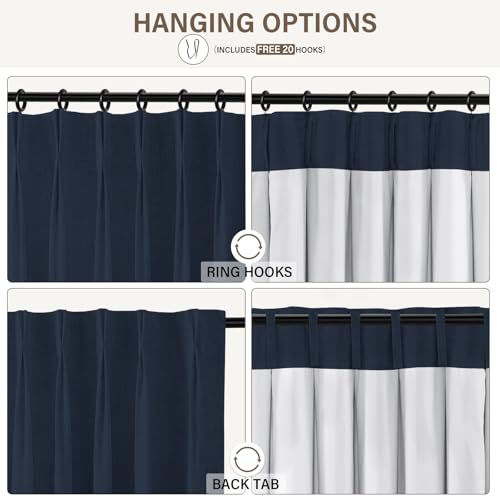 Pinch Pleated Blackout Curtains 84 Inch Long, Linen Blend, 100% Blackout Drapes with 20 Hooks, Ideal for Bedroom and Living Room, 40" W x 84" L (Pack of 2), Navy Blue