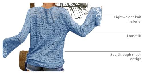 Image of Saodimallsu Womens Boho Off Shoulder Sheer Crop Tops Bell Sleeve Flowy Oversized Crochet Ruched Pullover Sweaters