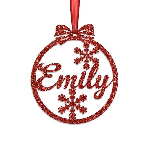 KreateSquare Personalised Christmas Bauble, 950 GSM Double-Sided Glitter Xmas Tree Decoration, Custom Name Baubles, Red & White Christmas Decorations Ornaments (Red, Snowflakes)