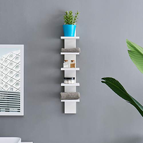 Danya B 5 Tier Wall Shelf Unit Narrow Smooth Laminate Finish - Vertical Column Shelf Floating Storage Home Decor Organizer Tall Tower Design Utility Shelf Bedroom Living Room 5.1" X 6" X 30" (White) #TOP6