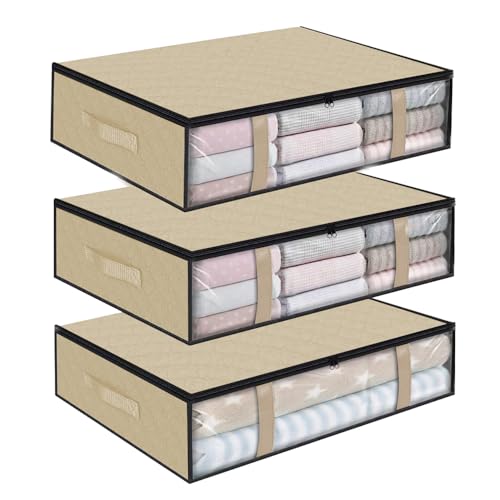 Underbed Storage Bags Clothes Storage Boxes - 40L Foldable Bedding Storage Containers with Reinforced Handles and Zippers Under Bed Storage Box for Blankets, Comforters, Bedding 3PACK (Beige)