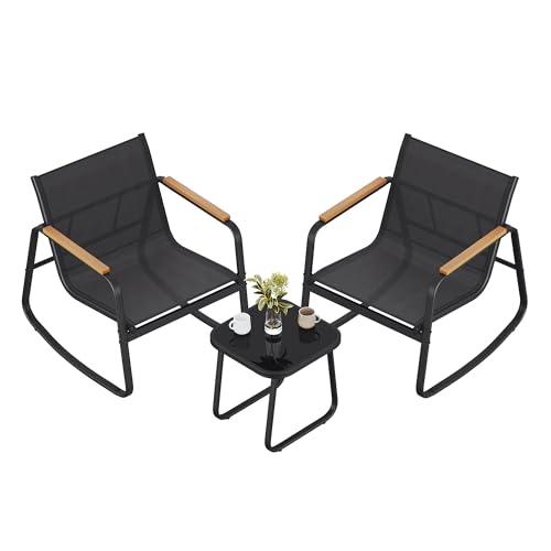 SONGMICS Gartenmöbel-Set, Balkonmöbel, 2 Schaukelstühle mit Tisch, Stahl, Terrassenmöbel, mit Armlehnen, atmungsaktives Kunstfasergewebe, Terrasse, Garten...