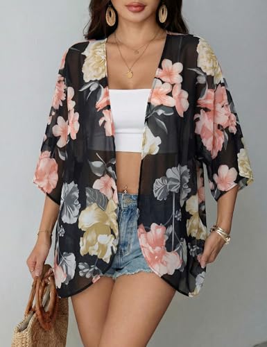 Image of Chunoy Women's Floral Print Puff Sleeve Kimono Cardigan Loose Cover Up Casual Blouse Tops 3X-Large