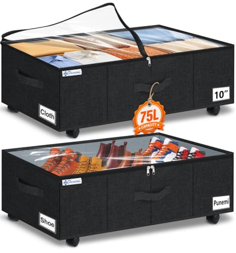 Image of punemi 10 inch Tall 75L Under Bed Storage Bins with Wheels, Rolling Storage Bin | Clear Lids,360 Wheels,for Clothes, Shoes, Blankets & Bedding, Closet, Shelf & Dorm Organization,2-Pack, Black