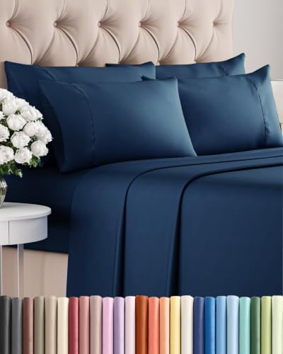 Image of Full 6 Piece Bed Sheet Set - Comfy, Breathable & Cooling Sheets - Dark Blue