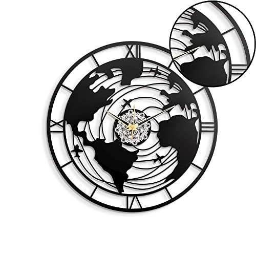 Image of METSY Metal Wall Clock World Map Design | Metal Wall Art Clock Decor for Living Room | Wall Hangings for Home Decoration | Size: 44.5x44.5 cm | Laser Cutting & Black Powder Coated
