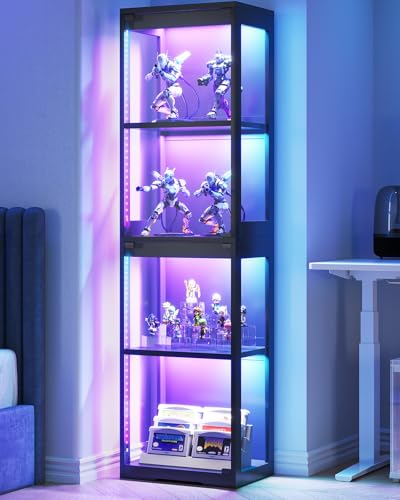AODK Display Cabinet with Glass Doors, Glass Display Case with RGB LED Light, Corner Display Shelf for Collectibles, Black Curio Cabinet for Showcase, Bookcase