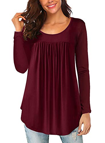 Yidarton Women's Scoop Neck Pleated Blouse Solid Color Short Sleeve Tunic Tops T Shirts (Y-Wine red, Medium)