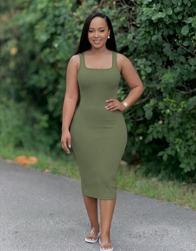 Image of TOPSRANI Women Sexy Midi Dress Bodycon Casual Sleeveless Basic Ruched Tank Summer Club Party Dresses