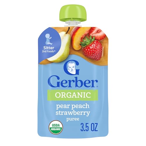 Gerber Stage 2 Baby Food, Organic Pear Peach Strawberry Puree Pouch, 2 Servings of Fruit, No Added Sweetener, No Artificial Colors or Flavors