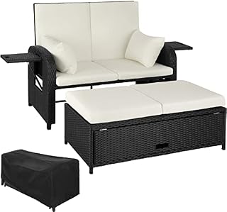 tectake 800934 Rattan garden sofa | Aluminium polyrattan 2-seater lounger with adjustable backrest | Weather resistant including cushions and protective cover