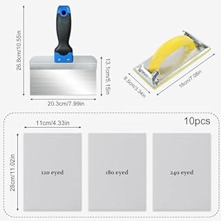 Set Spatola e Levigatura, Spatola per Superfici in Acciaio Inox 20.3 × 13.1 cm + Levigatrice Manuale in Ferro + 30 Fogli Carta Vetrata per Muro, per Applicare, Stuccare, Levigare Cartongesso (Argento)