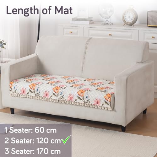 Image of HOKIPO Painterly Floral 2 Seater Quilted Sofa Cover Mat with Tassels 'Tassel Twigs' Series (IN-983-T8)