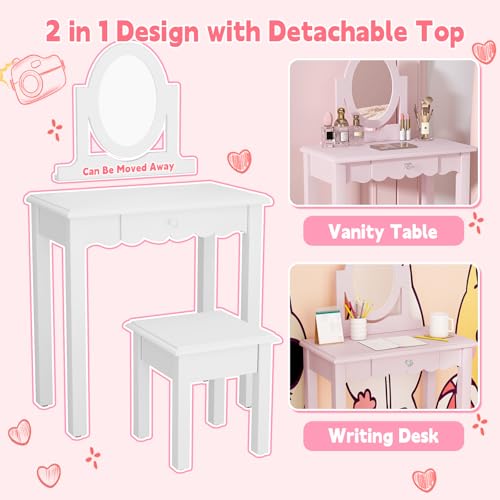 Image of HLR Kids Vanity, Girls Vanity Set with Mirror and Stool, Wooden 2 in 1 Princess Makeup Desk Dressing Table with Detachable Top, Toddler Vanity Dresser Set with Drawer for Little Girls, White