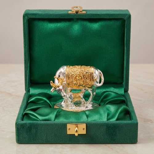 Image of 24K Gold and 999 Pure Silver Plated Kamdhenu Cow Idol - 2.5 Inch Auspicious Vastu Home Decor for Pooja Room and Mandir - Sacred Two-Tone Symbol of Prosperity and Success