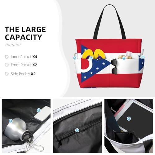 Ohio State Flag Extra Large Tote Bag For Women,Foldable Beach Bag With Pocket Weekender Travel Overnight Bag3