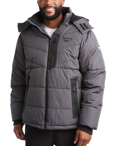 Reebok Mens Winter Jacket - Thick Heavyweight Ski Winter Coat - Warm Insulated Quilted Hooded Puffer Coat for Men
