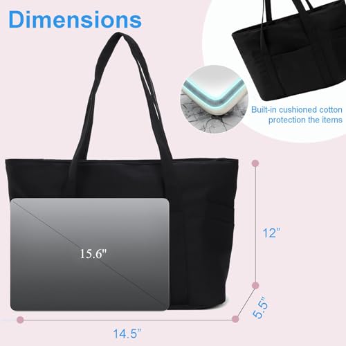 Image of CTWWFS Large Tote Bag for Women with Zipper, Nylon Lightweight Work Tote with 15.6 inch Laptop Sleeve, Nurse Bag for Work College