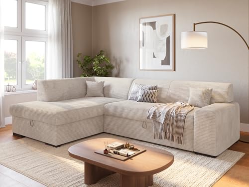 BROMARKT Ecksofa mit Schlaffunktion 260 cm L Form Vanille Links Seite Couch Sofa mit Bettkasten Schlafcouch Schalsofa 3 sitzer Eckcouch Sofabett Wohnlandschaft Cordstoff BROMARKT Ecksofa mit Schlaffunktion 260 cm L Form Vanille Links Seite Couch Sofa mit Bettkasten Schlafcouch Schalsofa 3 sitzer Eckcouch Sofabett Wohnlandschaft Cordstoff