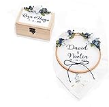 Momparler1870 Pack Especial Bodas Bordado Personalizado - Conjunto de Caja de Madera para Arras y Bastidor para alianzas *Blue*
