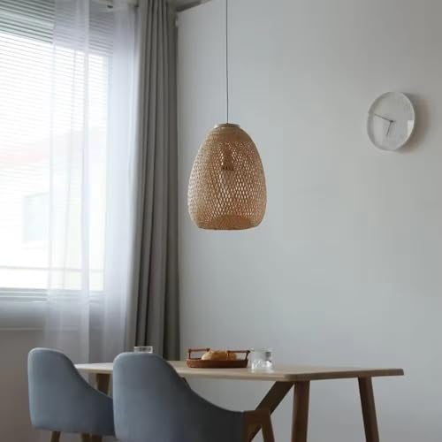 Image of Boho Woven Rattan Oval Basket Pendant Light | Decorative Wooden Oval Hanging Lamp for Dining, Cafe & Living Room Decor