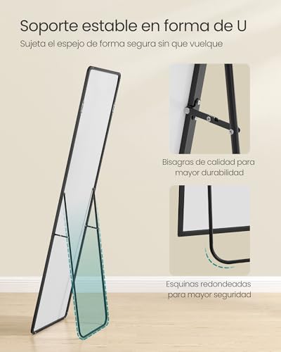 Miniatura 4 de Songmics Espejo De Cuerpo Entero, 150 X 40 Cm, Espejo Rectangular Con Soporte, Con Marco De Aleación De Aluminio, Cristal Templado, Para Dormitorio, Salón, Vestuario, Negro Tinta Lfm034b01
