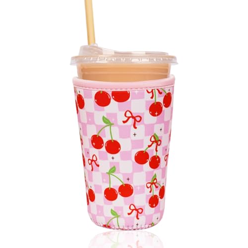 Image of Reusable Insulated Sleeve for Iced Coffee Cup, Coffee Neoprene Sleeve for Cold & Hot Drinks, Beverage Holder for Iced Coffee (Cherry Gleam, Medium: 22-24oz)