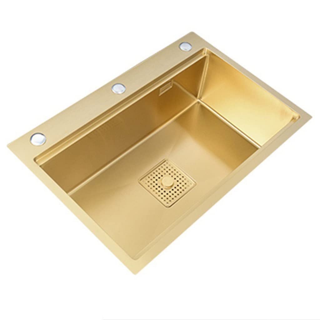 ZQFHSX Single Bowl Gold Stainless Steel Kitchen Sink Large Size With Siphon Hotel Bar Coffee Shop Dishwashing Embedded Platform Mounted (Color : Gold, 68 * 46 22cm)