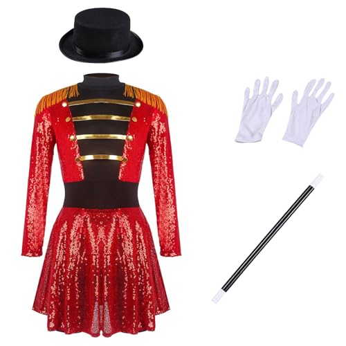 4Pcs Mädchen Zirkus Kostüm Dompteurin Ringmaster Kostüm Glitzer Tanzkleid Pailletten Ballettkleid Tanzbody Halloween Karneval Fasching