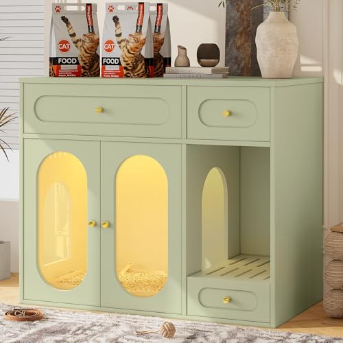 HSUFLWS Hidden Cat Litter Box Furniture with Led Light, Enclosed Cat Litter Cabinet Enclosure with Storage Drawers & Acrylic Doors, Modern Wooden Cat House Indoor for Living Room Bedroom (Green)